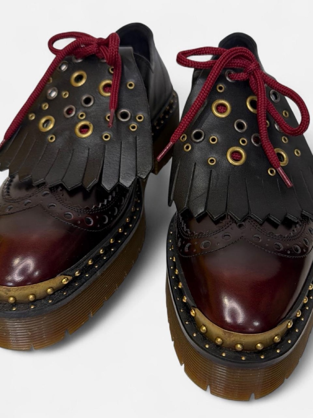 Burberry Black & Burgundy Platform Brogue Oxfords with Gold Accents
